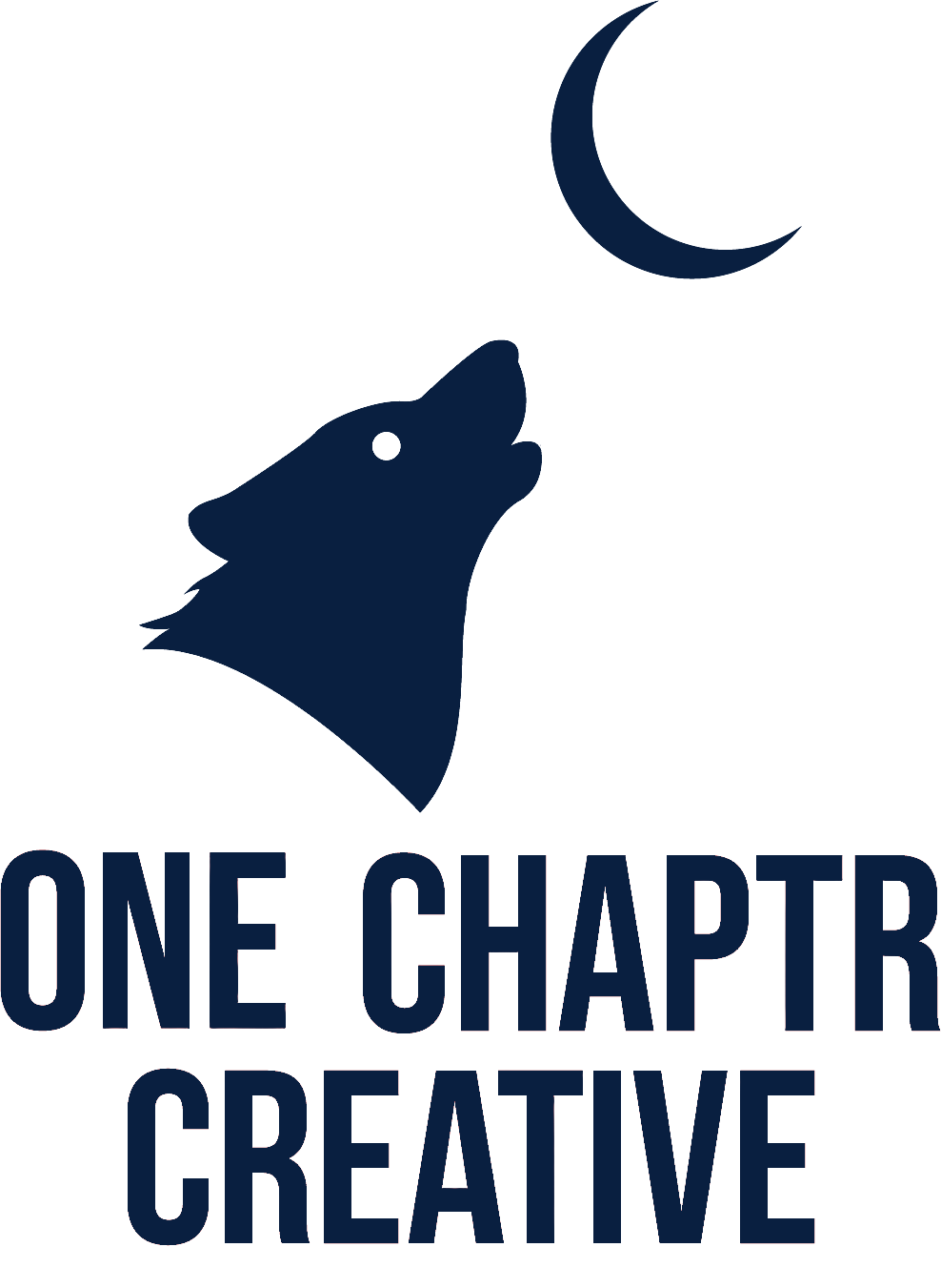 Silhouette of a wolf howling at a crescent moon; text: ONE CHAPTR CREATIVE.