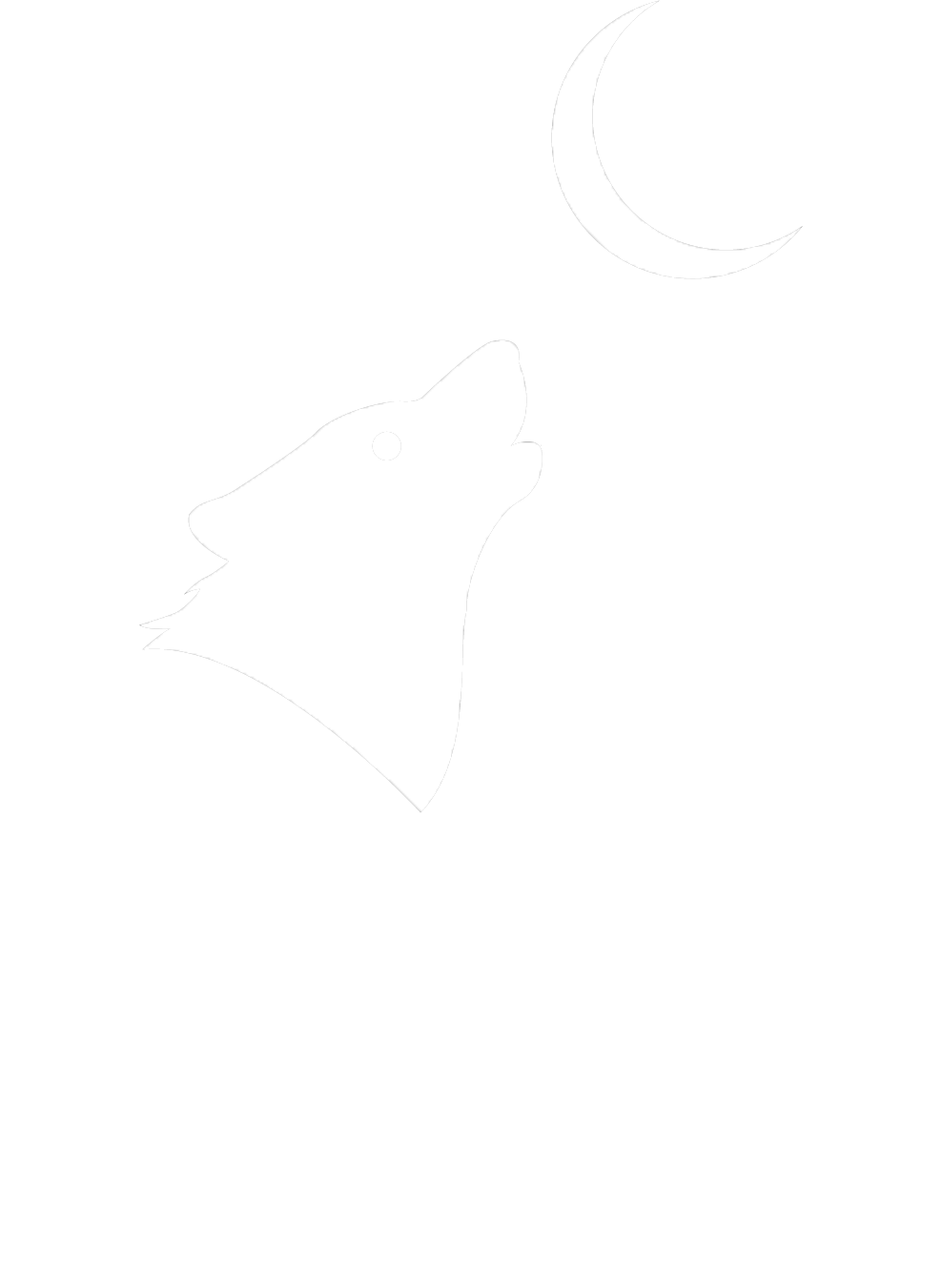 Wolf howling at a crescent moon.