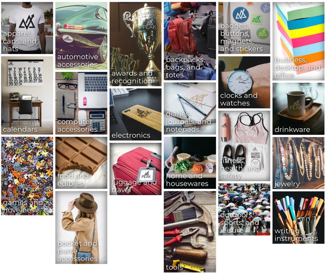 Collection of various items, including clothing, tools, and office supplies.