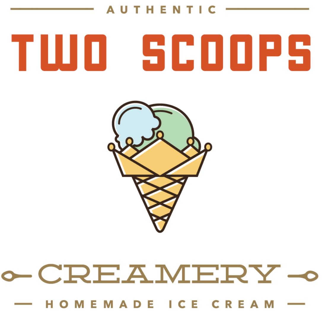 Logo for Two Scoops Creamery, featuring an ice cream cone with two scoops, text 