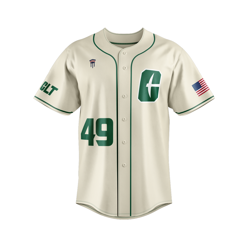 Cream-colored baseball jersey with green accents. 