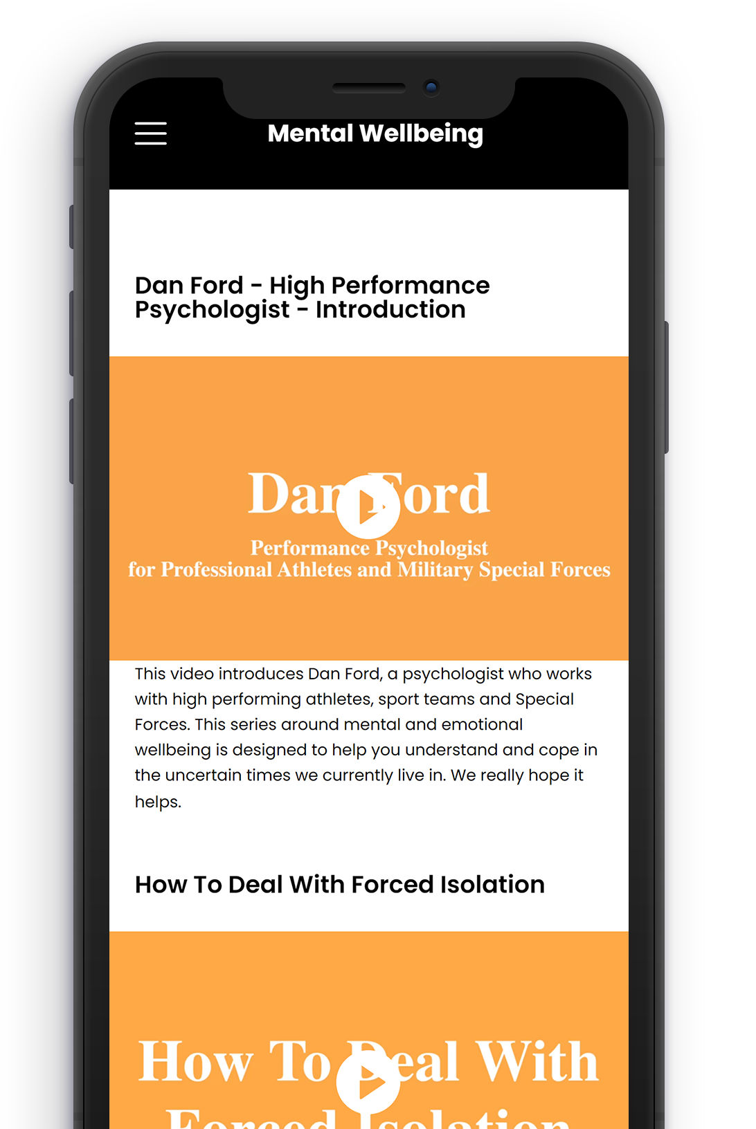 A screenshot of a mental wellbeing app on a cell phone.
