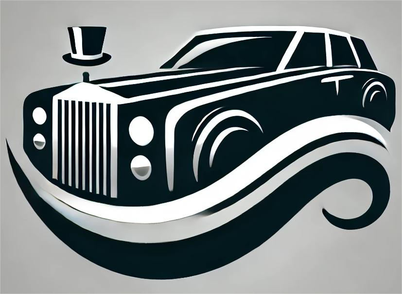 Black and white illustration of a luxury car with a top hat, over a wavy design.