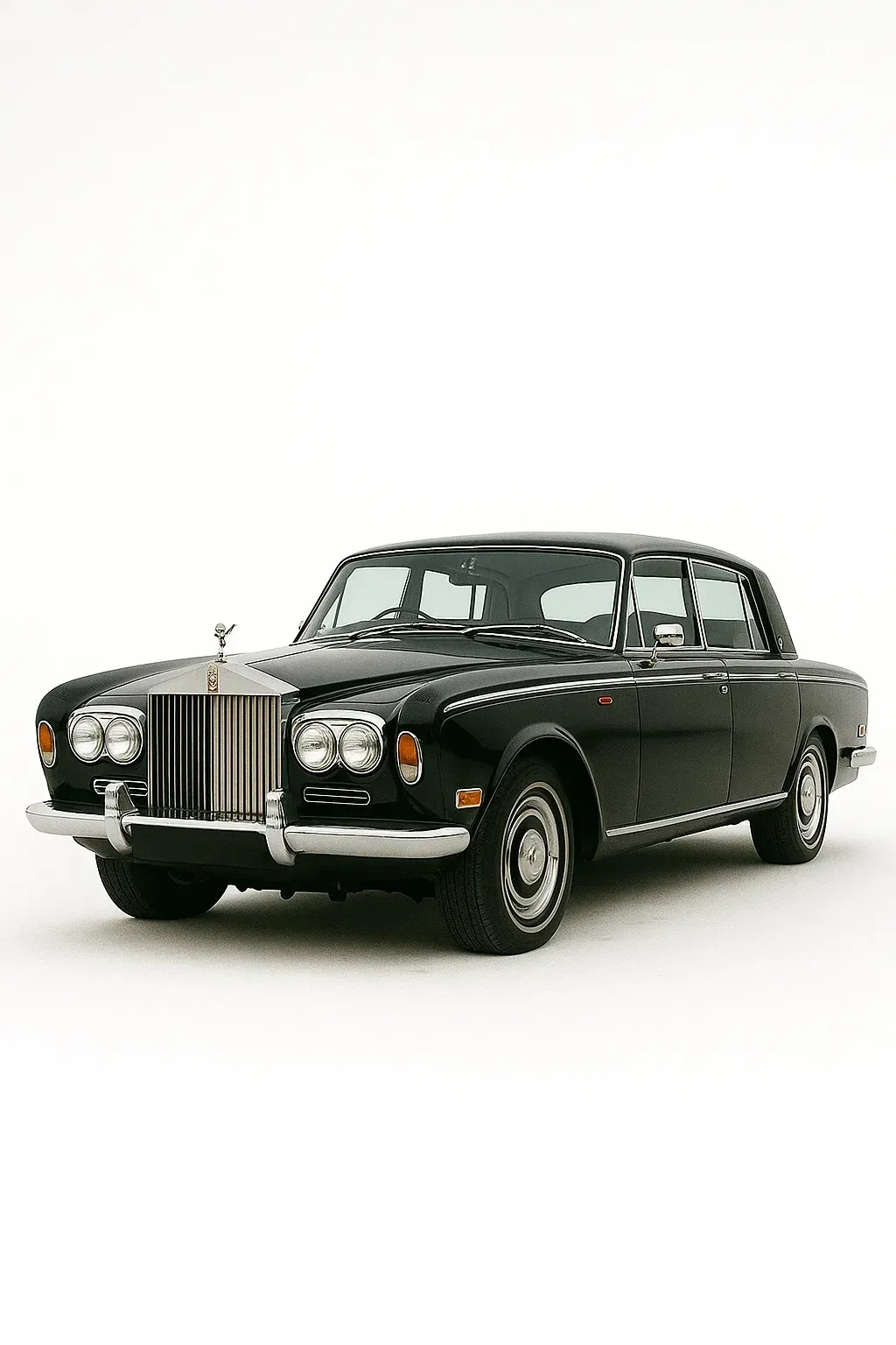 Black Rolls-Royce coupe, silver grille, on white background.
