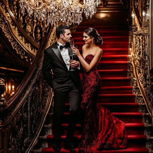 Elegant couple on red carpeted staircase, holding champagne. Woman in red gown, man in tuxedo. Luxurious setting.