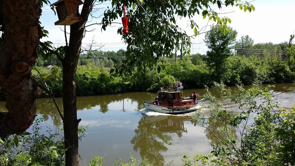 A boat is floating on a river surrounded by trees