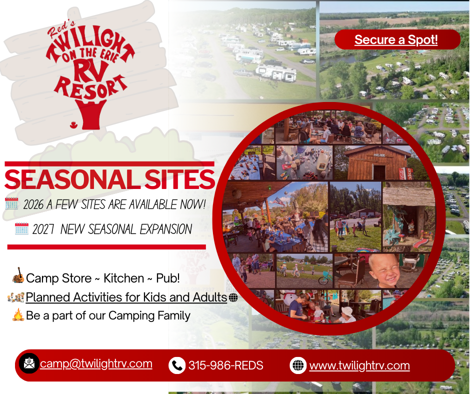 An aerial view of a campground with a lot of rvs parked in the grass.