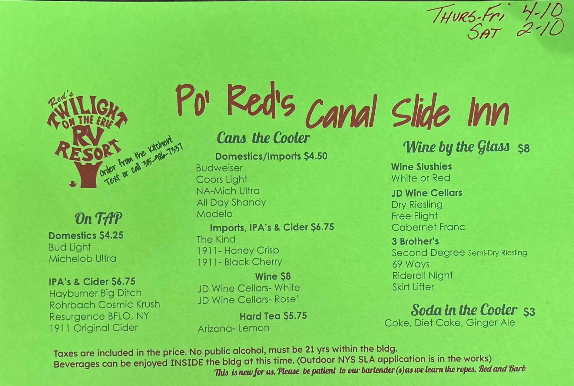 Menu for Po' Red's Canal Slide Inn
