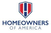 Homeowners of America logo: Blue text and shield with red and blue stripes.