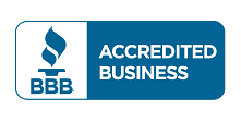 BBB Accredited Business badge: white flame and “BBB” logo, blue background with 