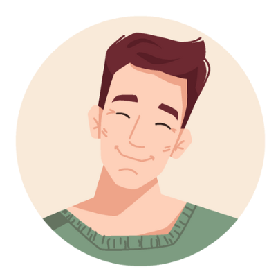 Smiling man with brown hair, in a green sweater, inside a light peach circle.