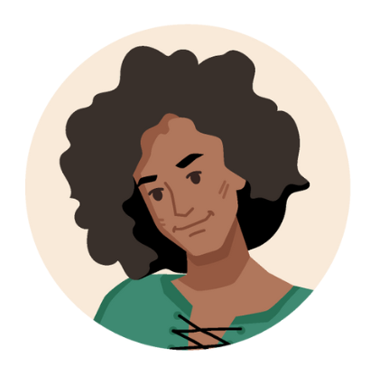 Smiling person with dark skin and curly hair, wearing a green shirt, inside a beige circle.