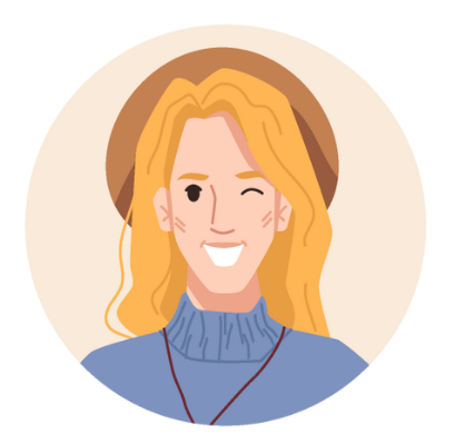 Blond person winking, wearing a blue sweater and brown hat, smiling.