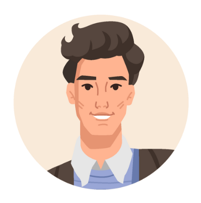 Smiling man with dark hair in a light brown circle. He wears a blue shirt and a black jacket.