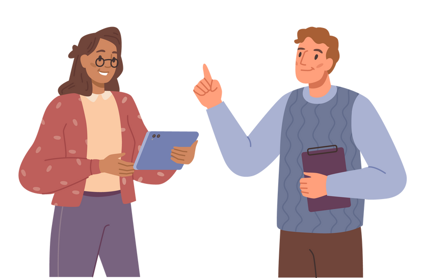 Woman holding tablet smiles at man pointing, both indoors.