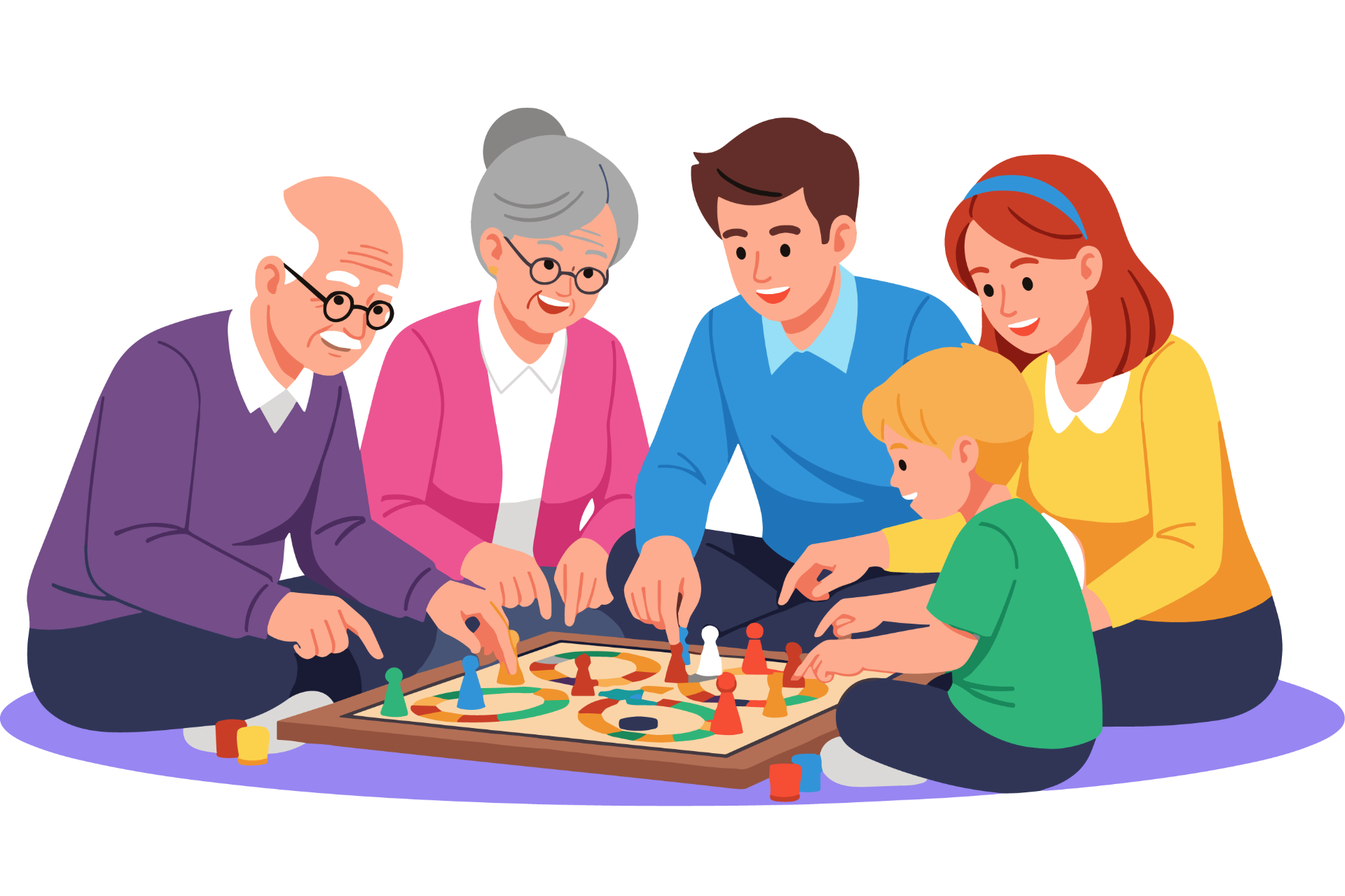 Family playing a board game together; smiling, gathered around the board, bright colors.