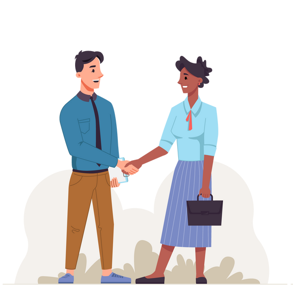 Man and woman shaking hands, smiling. Outdoors, neutral background.