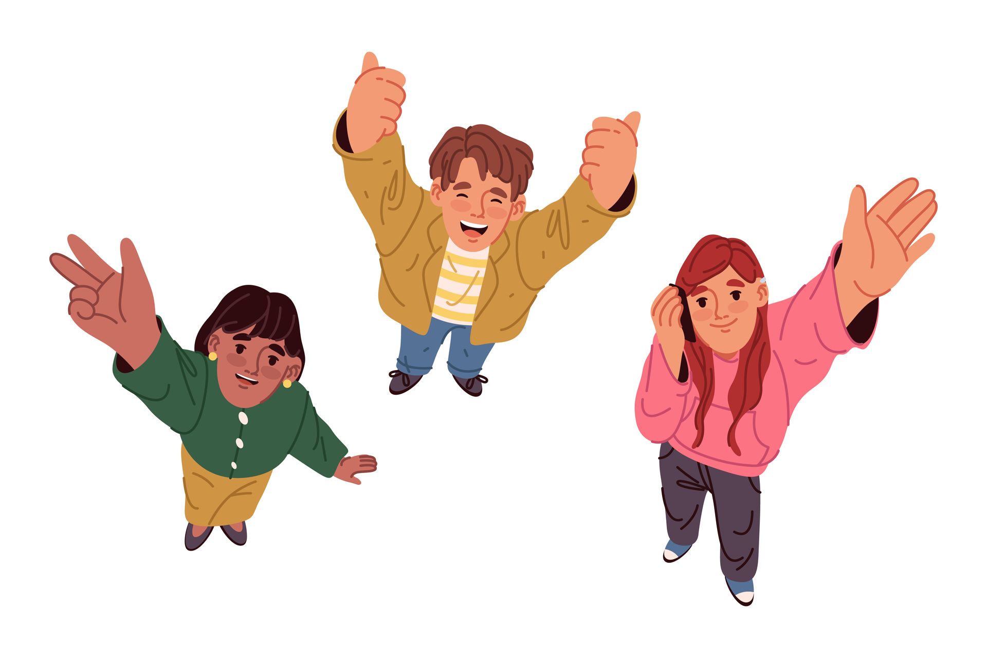 Three people smiling and waving upwards. One gives a peace sign, another a thumbs up, and the third waves.