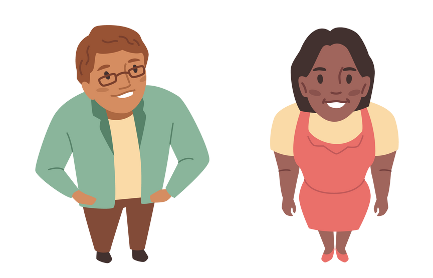 Two smiling people looking upwards. One in glasses and a green jacket, the other in a red dress.