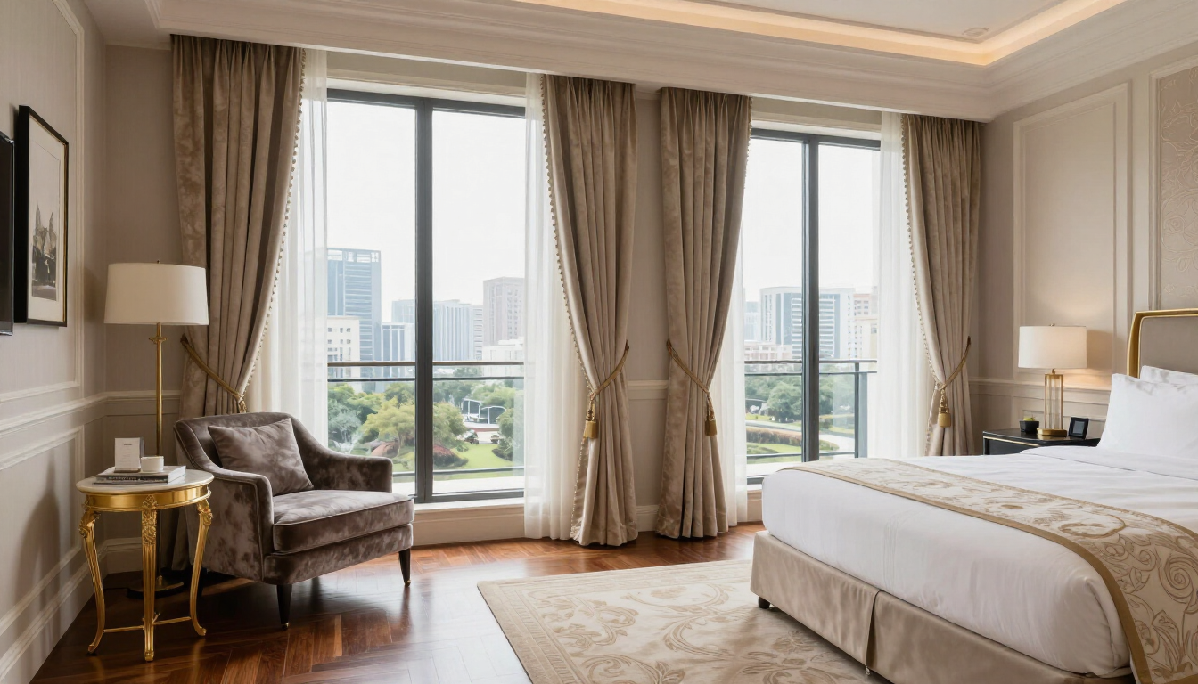 Frisse en schone gordijnen in een moderne hotelkamer met natuurlijk licht.