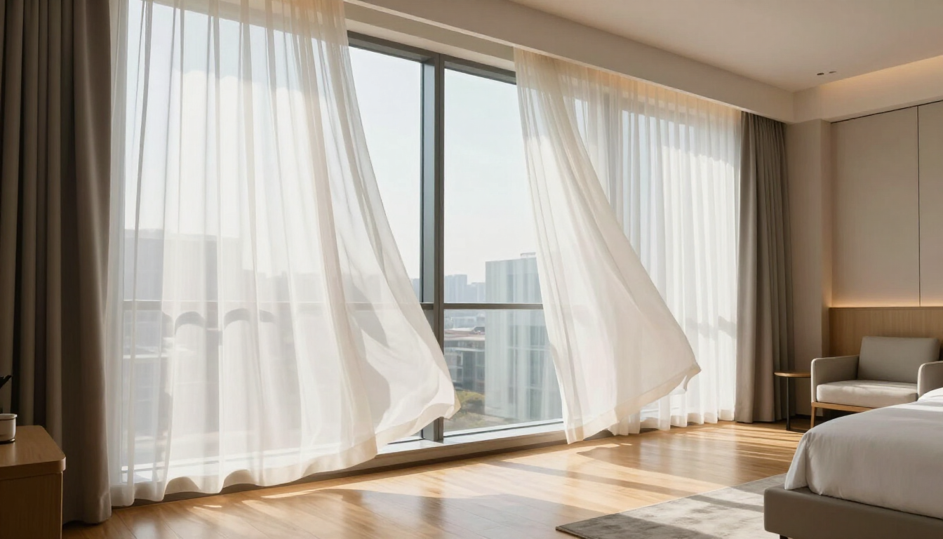 Frisse hotelkamer met schone gordijnen