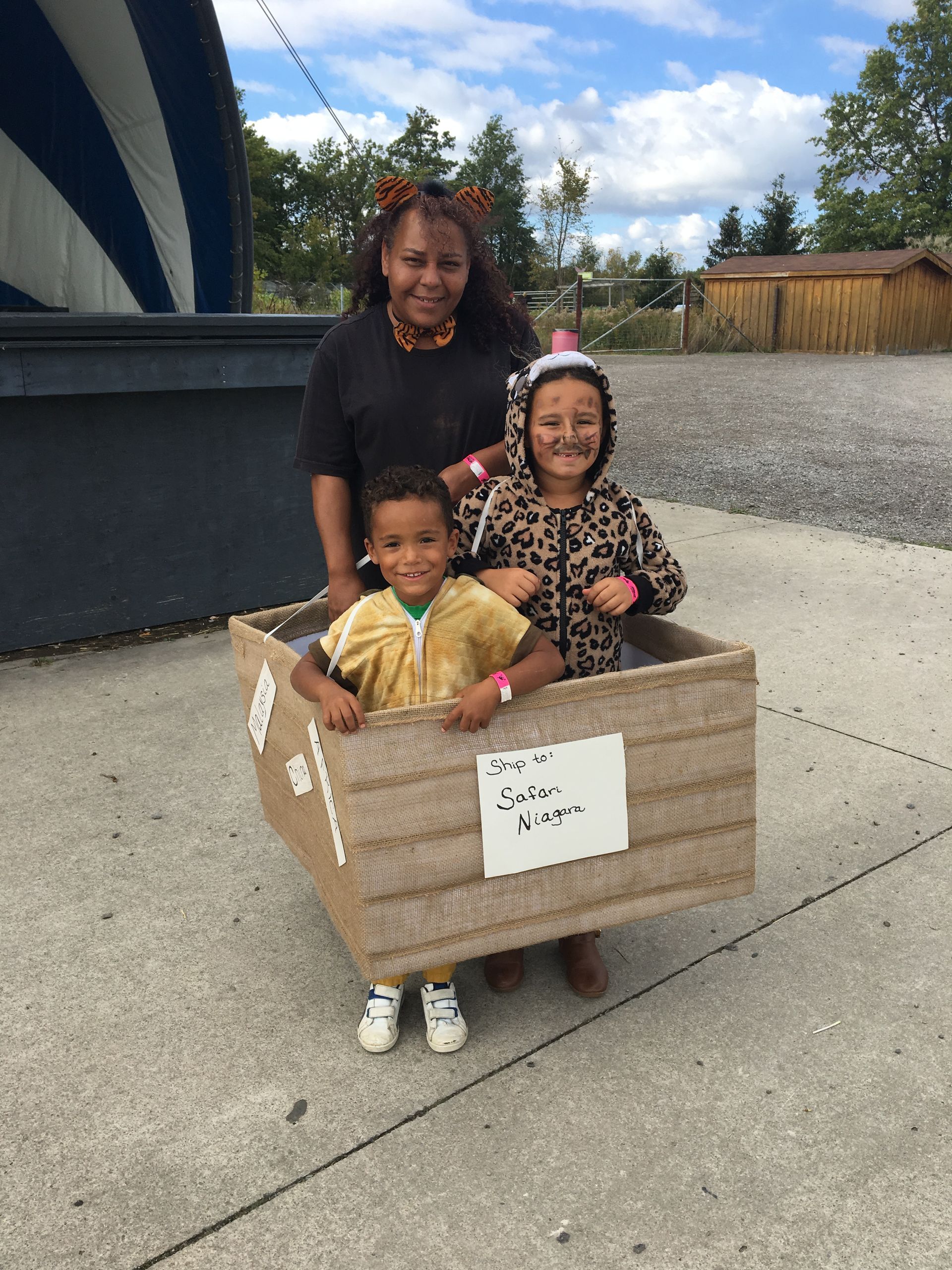 a woman and two children are standing in a cardboard box costume