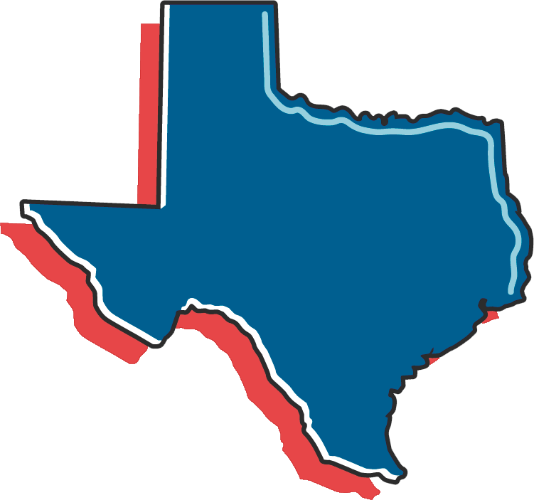 A blue map of texas with a red border