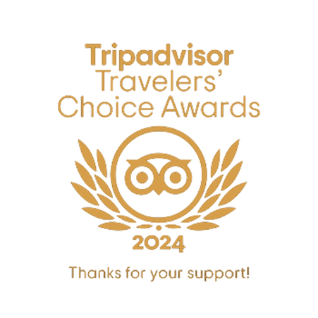 Tripadvisor Travelers' Choice Award badge with owl logo and laurel wreath, gold on white.