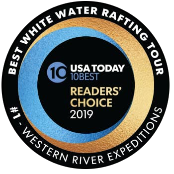 USA Today 10Best Readers' Choice award: Best White Water Rafting Tour. Blue and gold circular logo.