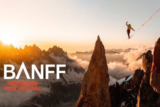 Banff Mountain Film Festival logo: Person on highline in mountains at sunset.