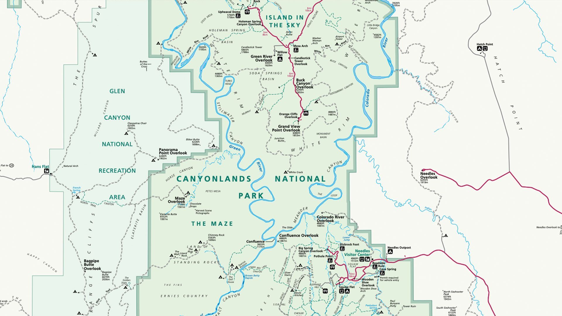 Map of Canyonlands National Park showing park boundaries, roads, trails and rivers.