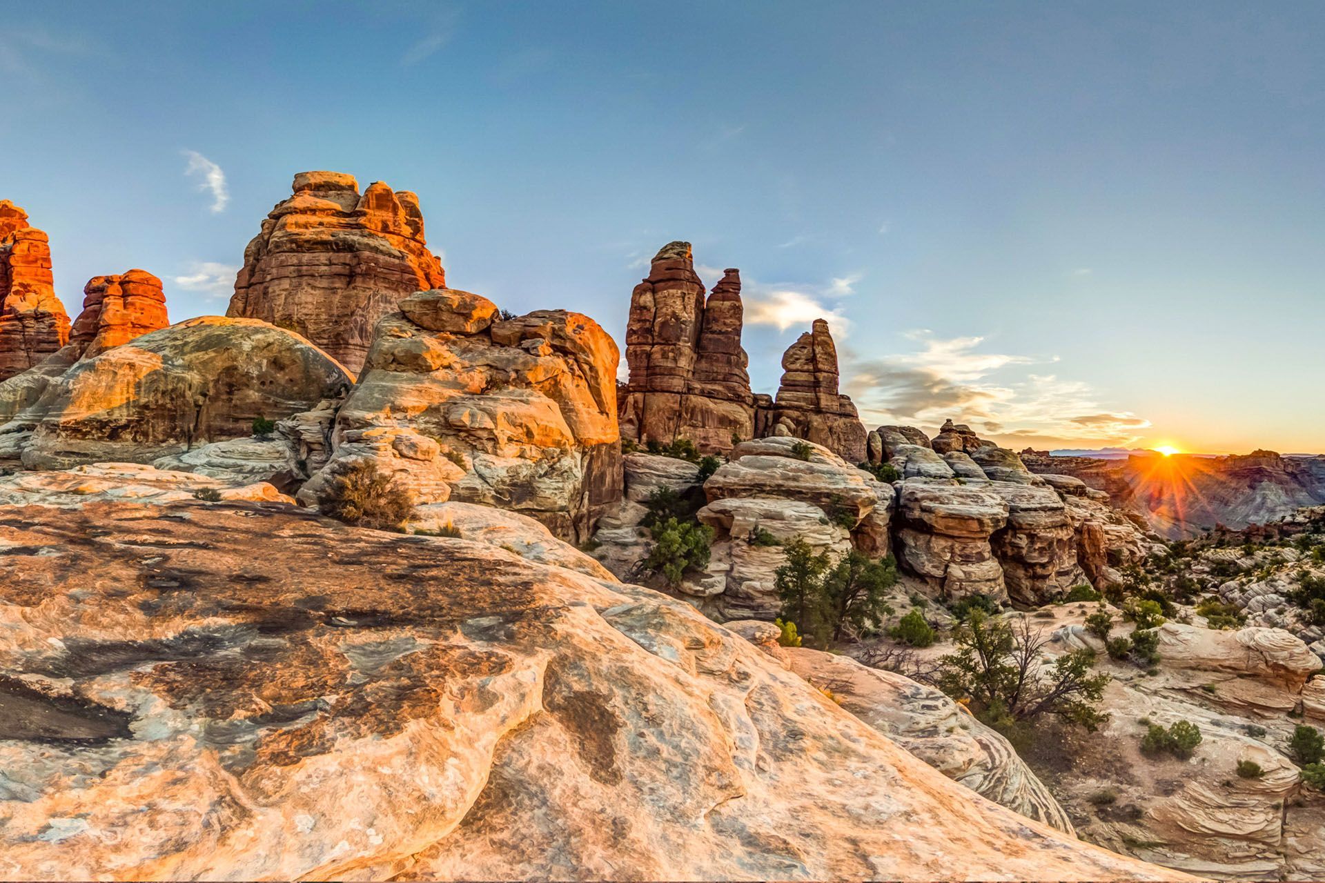 Sunrise glowing on spires in Dolls House in Canyonlands National Park.