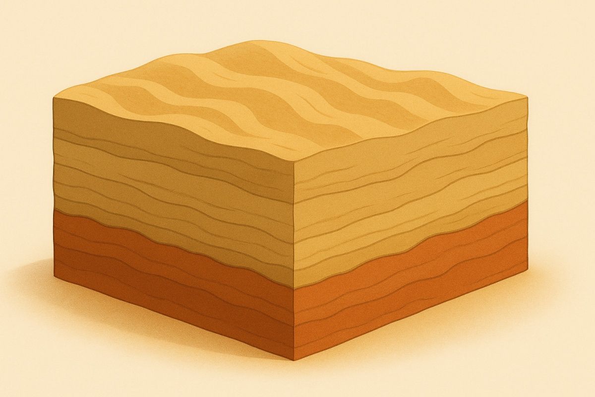 Block of earth layers: tan, brown, and reddish-brown colors with wavy top surface.