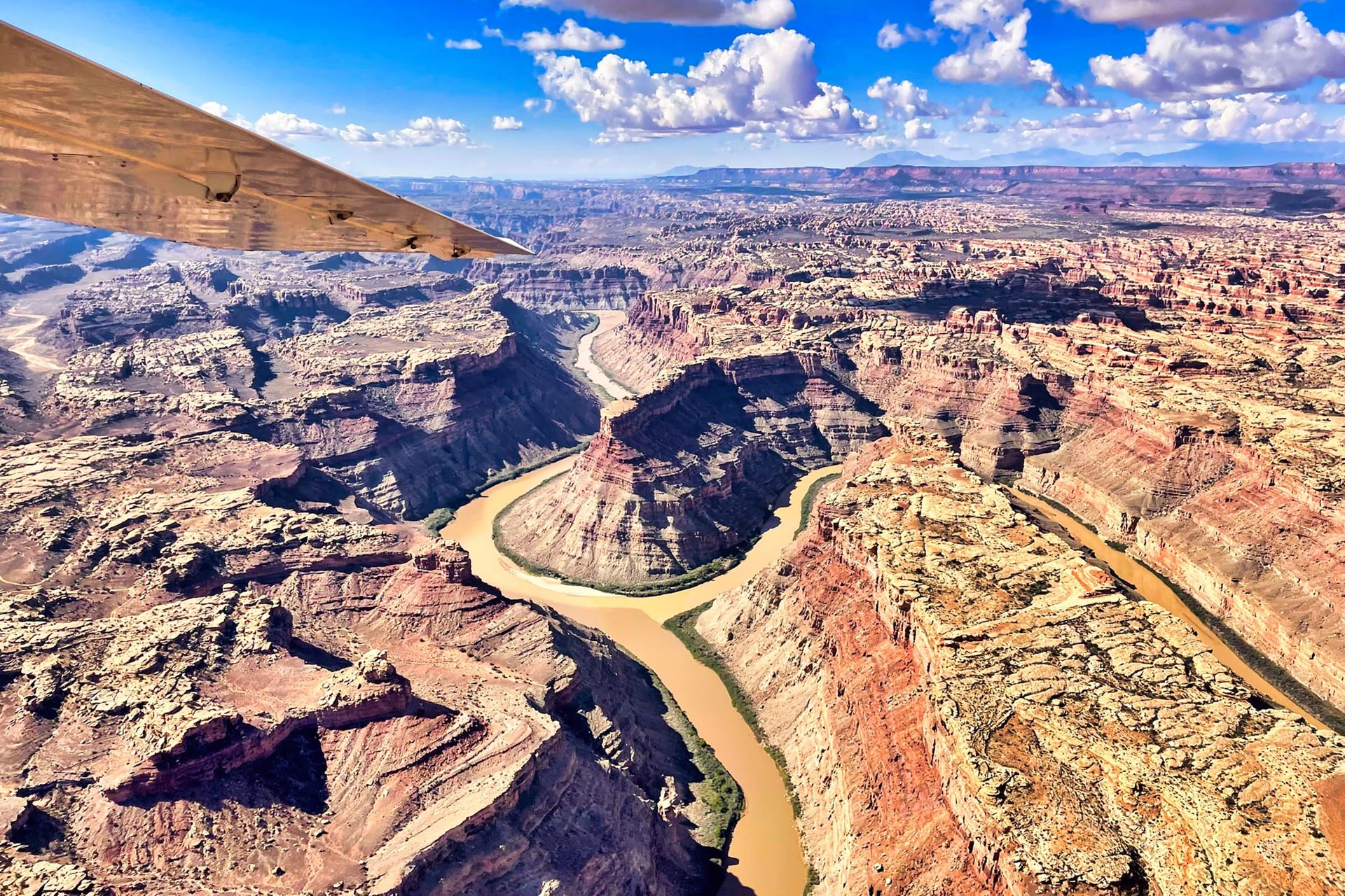 Aerial view of the confluence of the Green River and Colorado River in Canyonlands National Park.