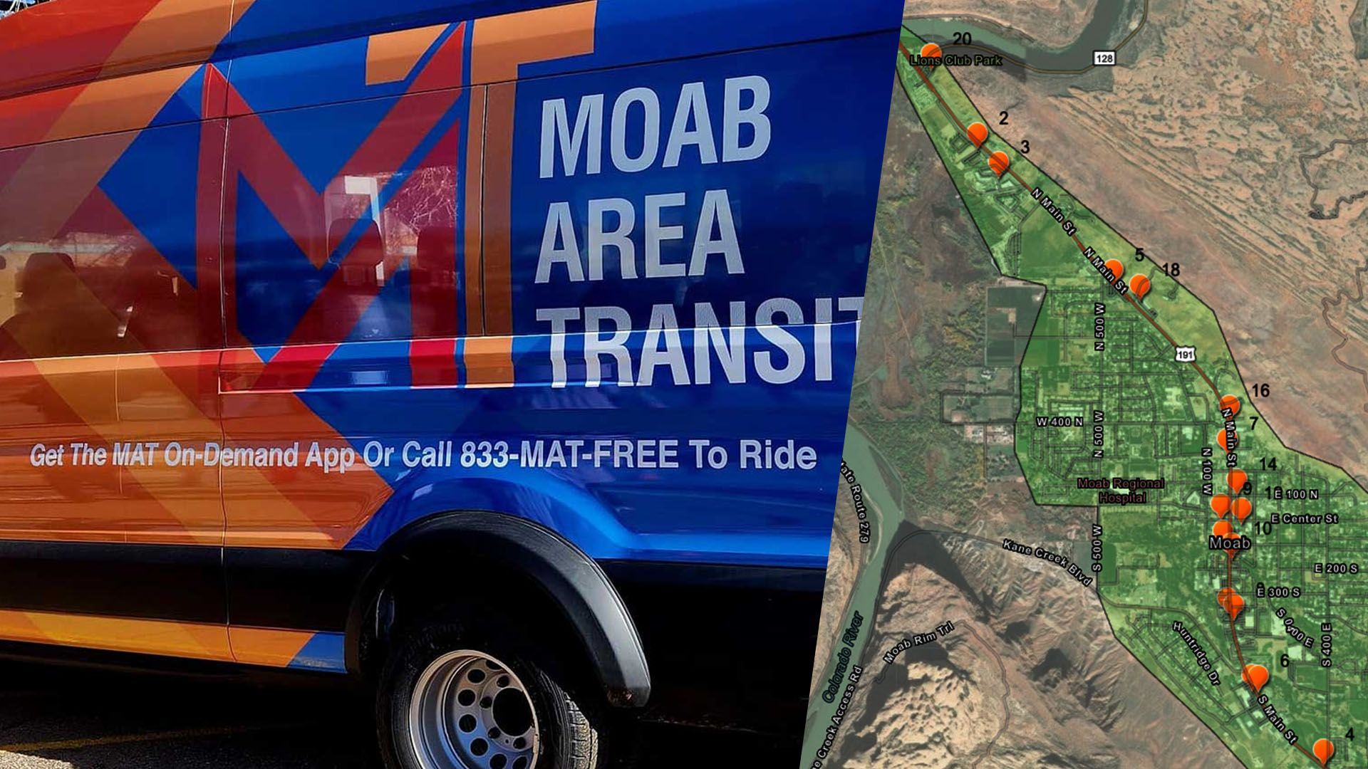 A moab area transit shuttle is shown with a map depicting the pickup locations on main street.