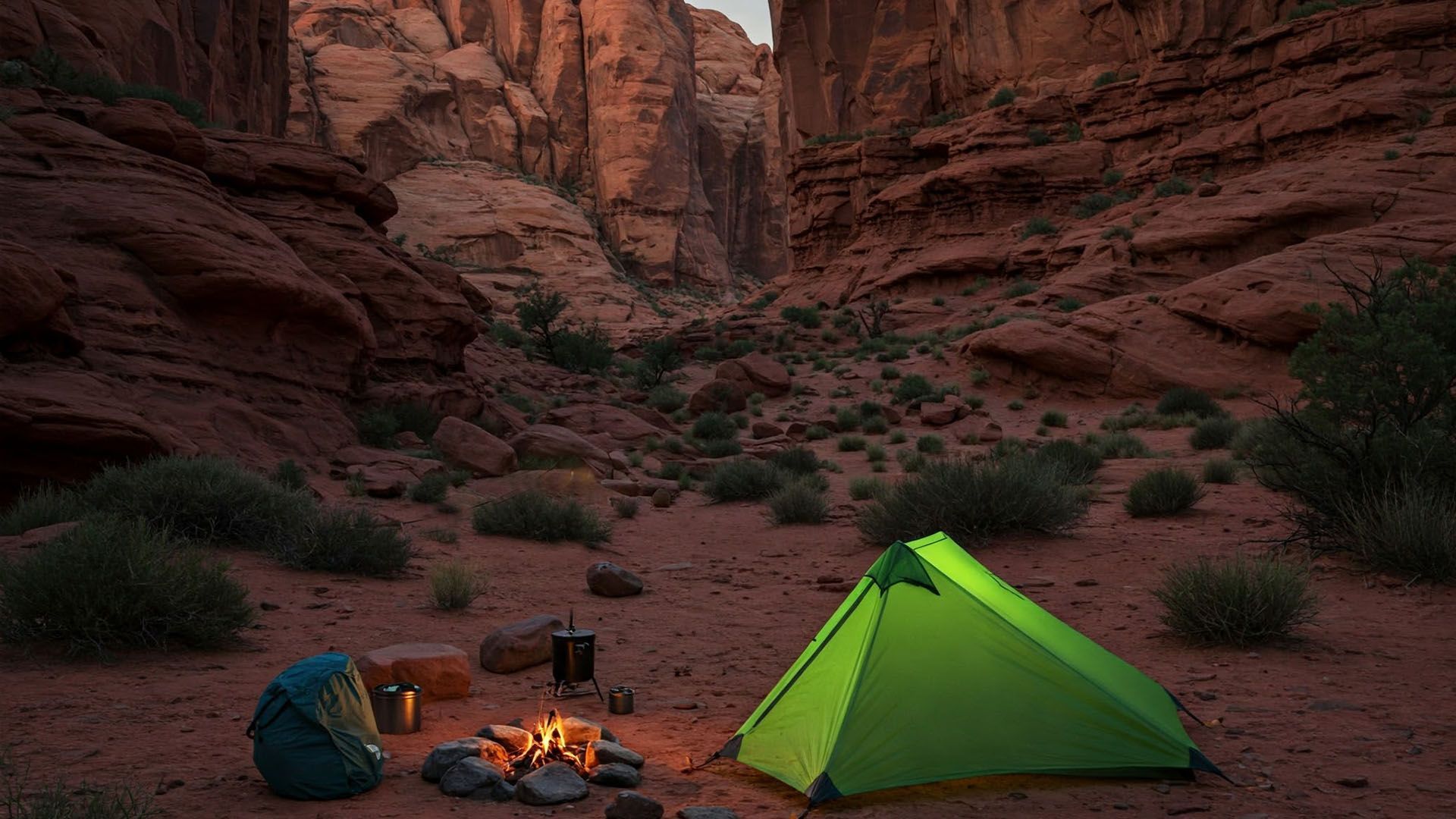 Green tent and campfire in a desert canyon at dusk.