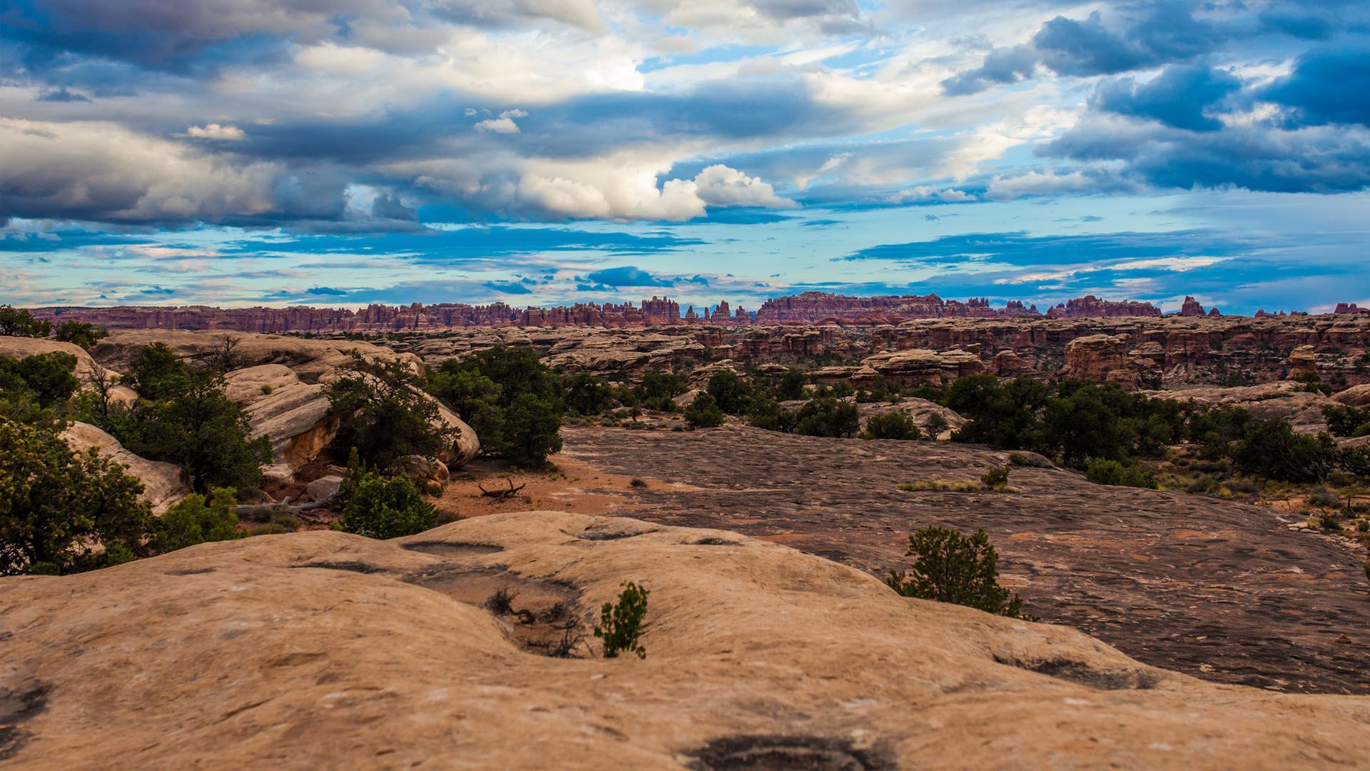 Rocky desert landscape under a cloudy sky. Distant red rock formations and sparse green vegetation.