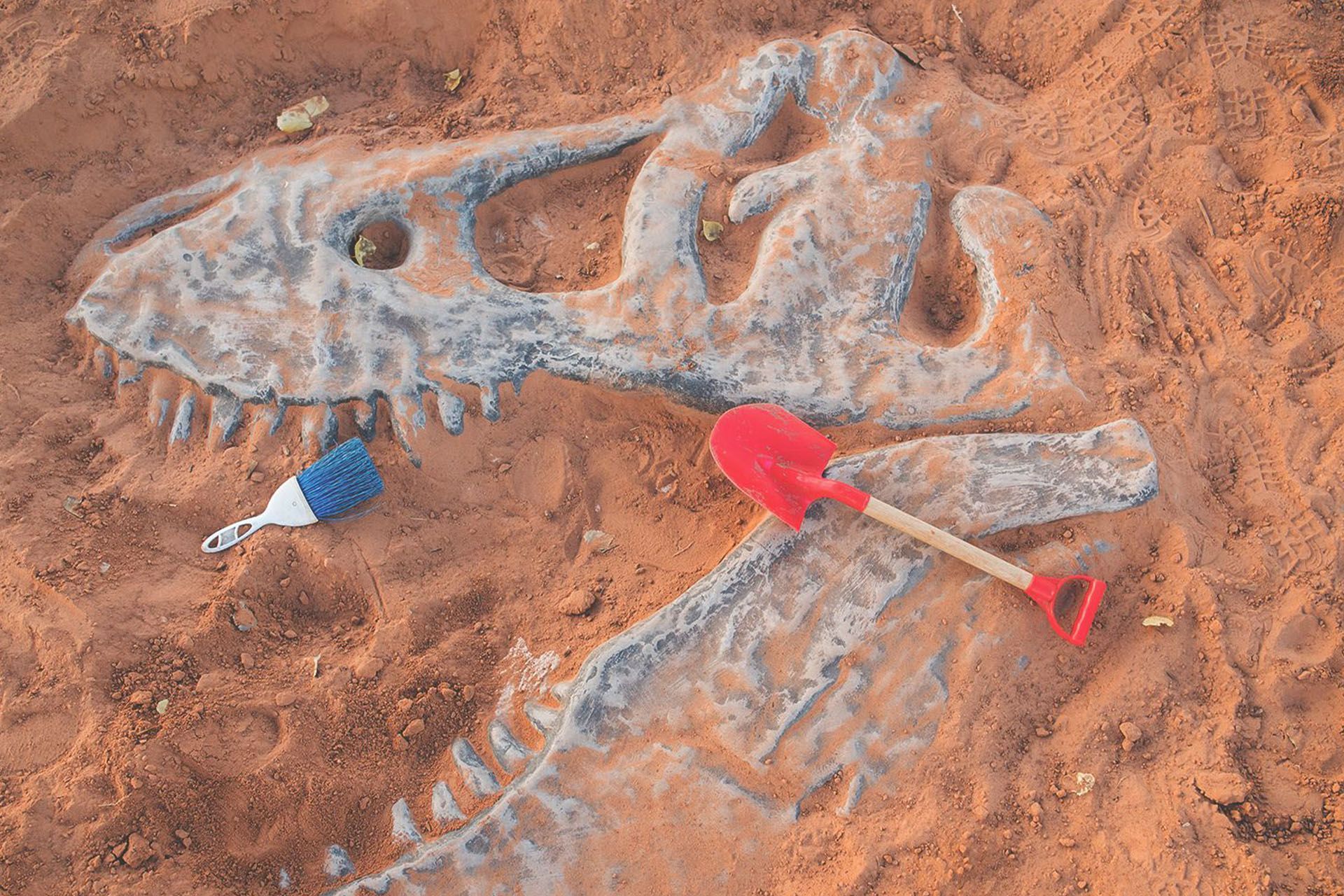 Childrens tools scattered near a dinosaur fossil in the sand.