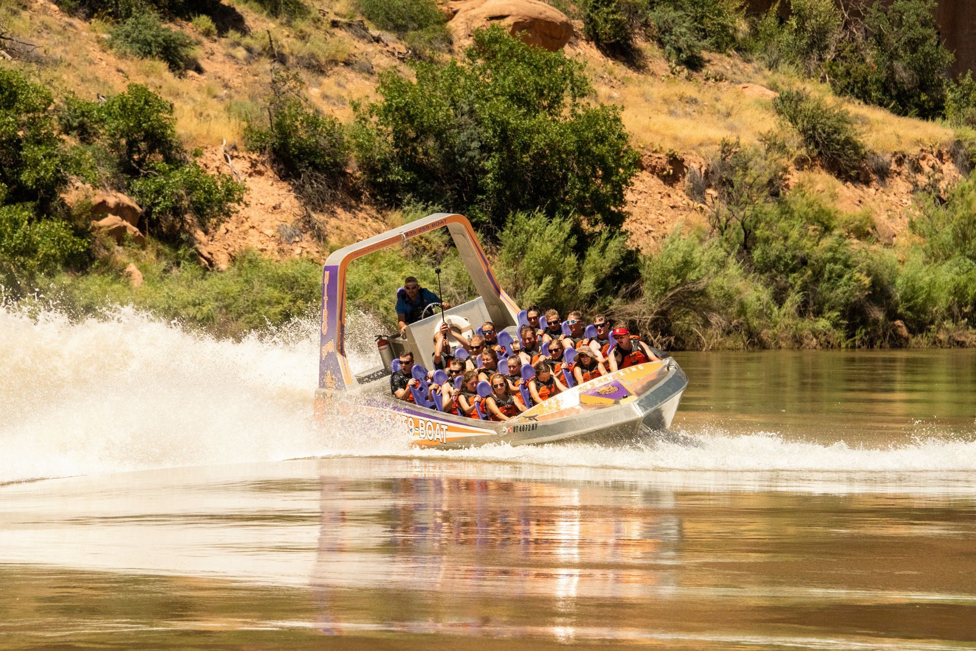 A fast jet boat makes a fast turn on the Colorado River.