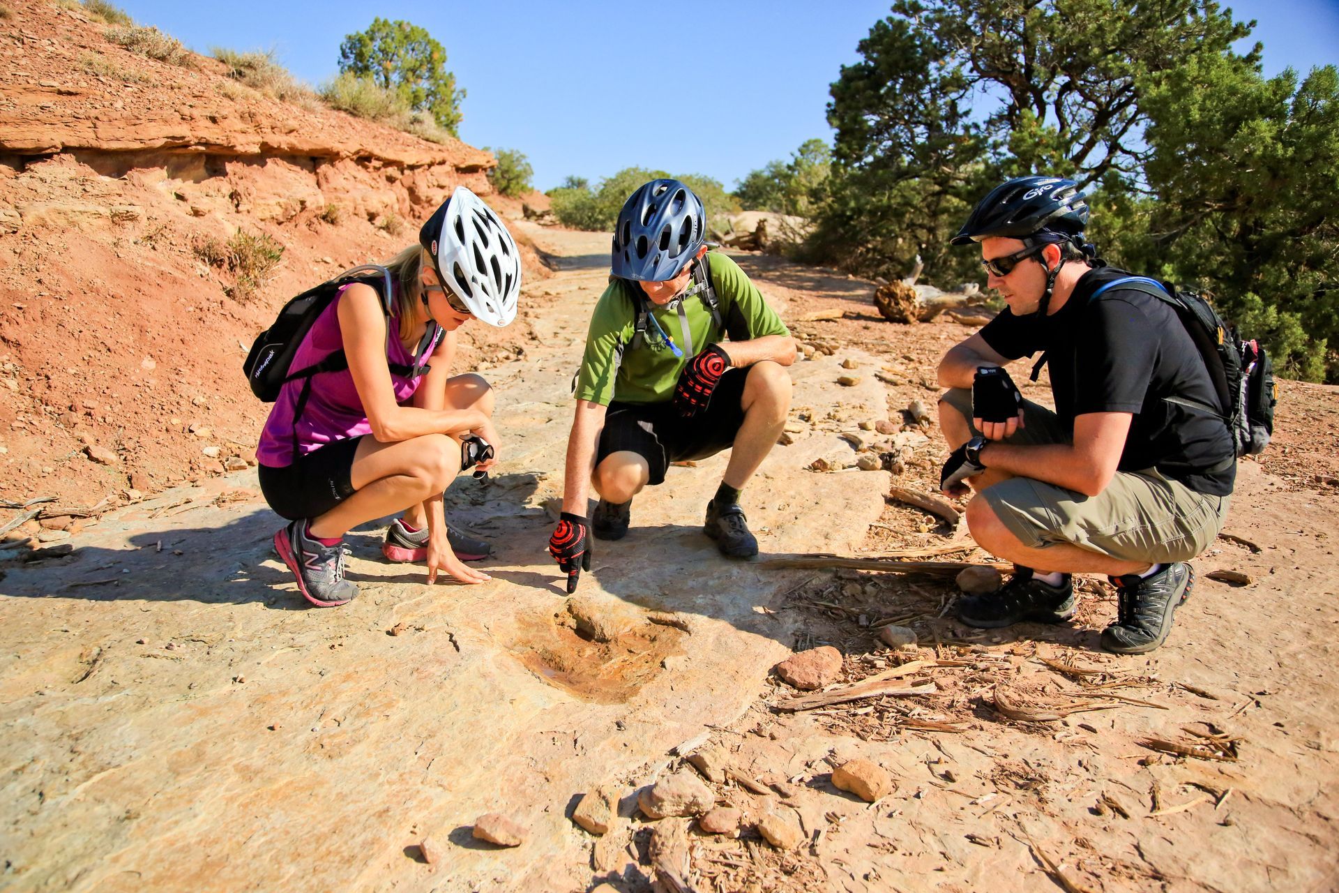 Three cyclists examining dinosaur prints in slickrock.