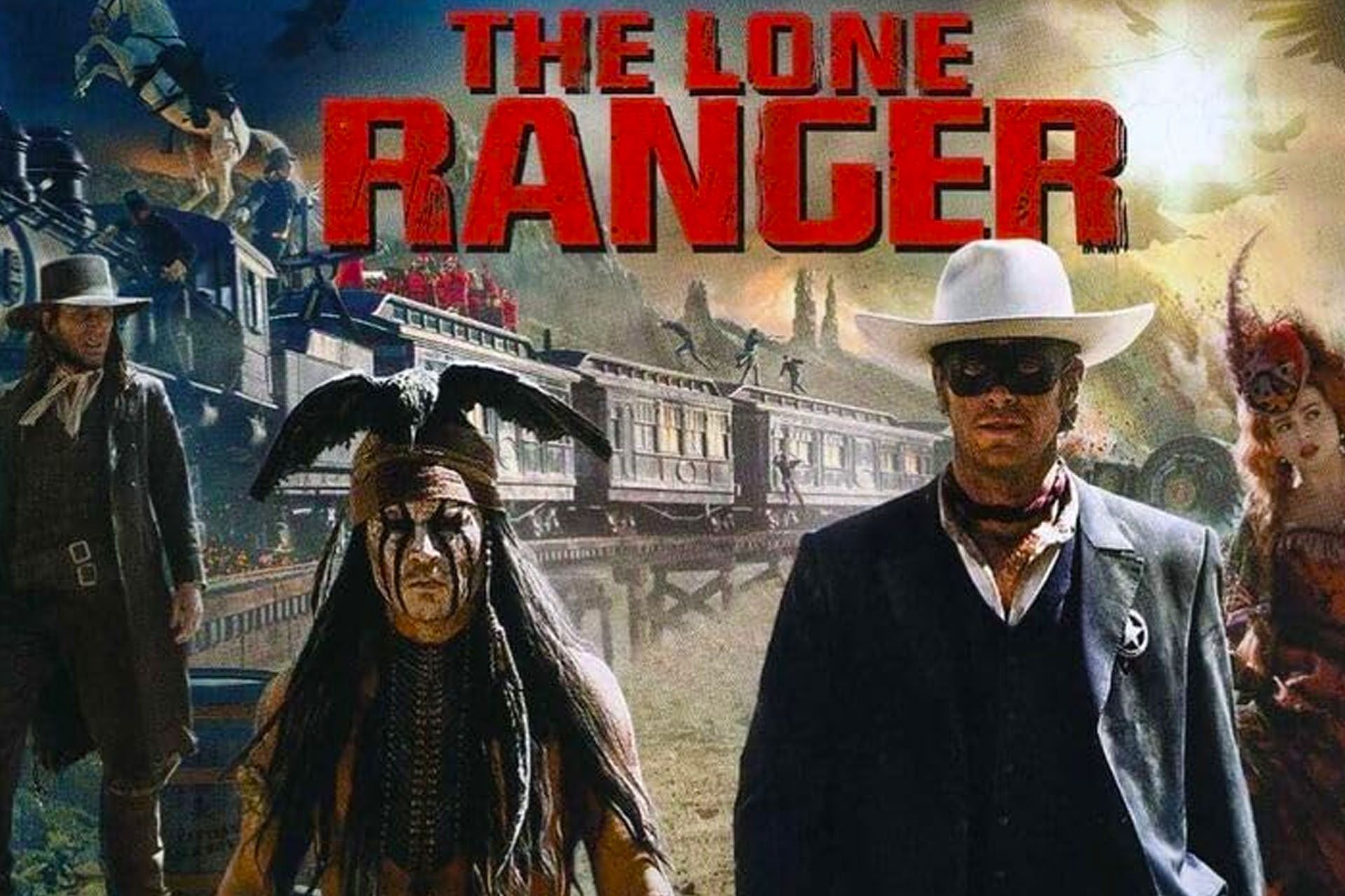 The Lone Ranger movie poster: Characters in western attire against a train and desert backdrop.