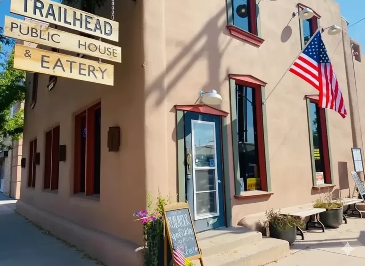 Trailhead Public Eatery exterior with american flag and small sign.