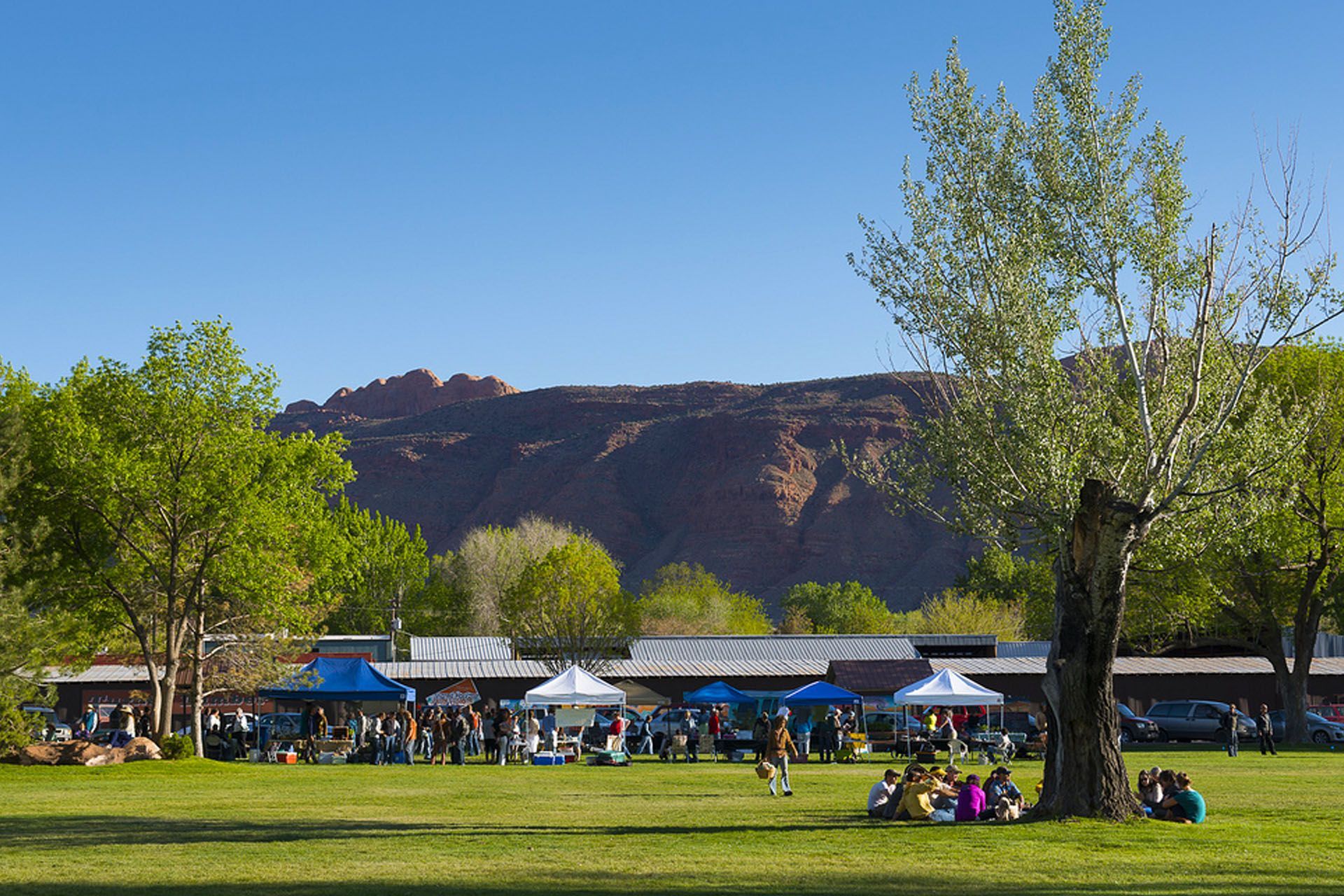 Lawn with people, vendors, and red rock mountain backdrop on a sunny day.
