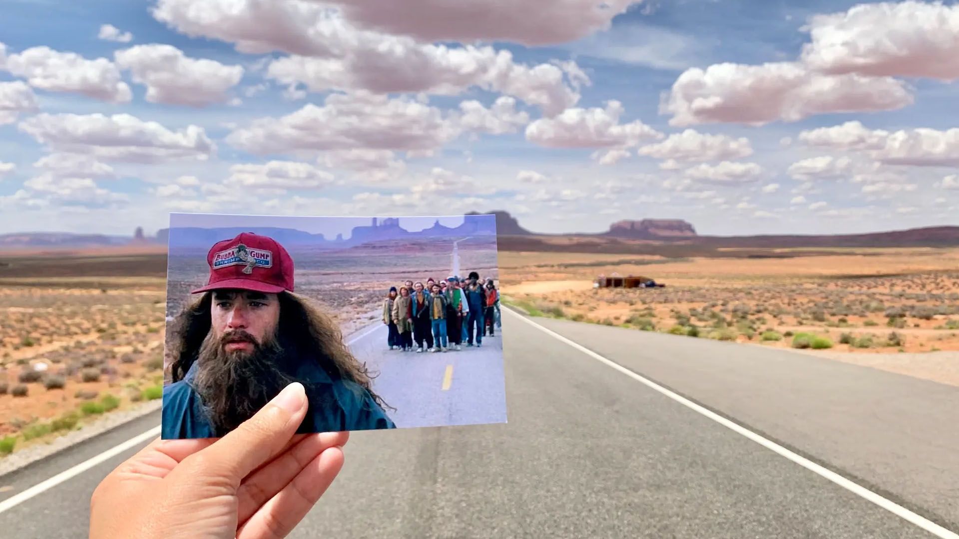 A photo showing the iconic scene in Forrest Gump near Moab, Utah matching up to the actual spot on the road.