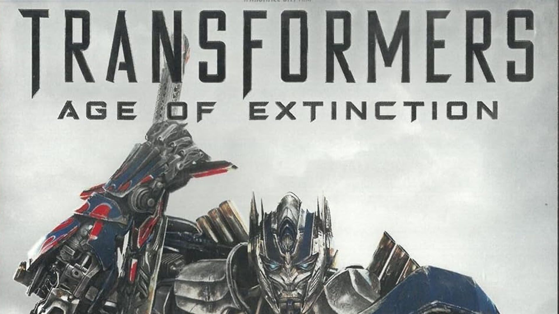 Transformers: Age of Extinction movie poster featuring Optimus Prime looking up, grey background.