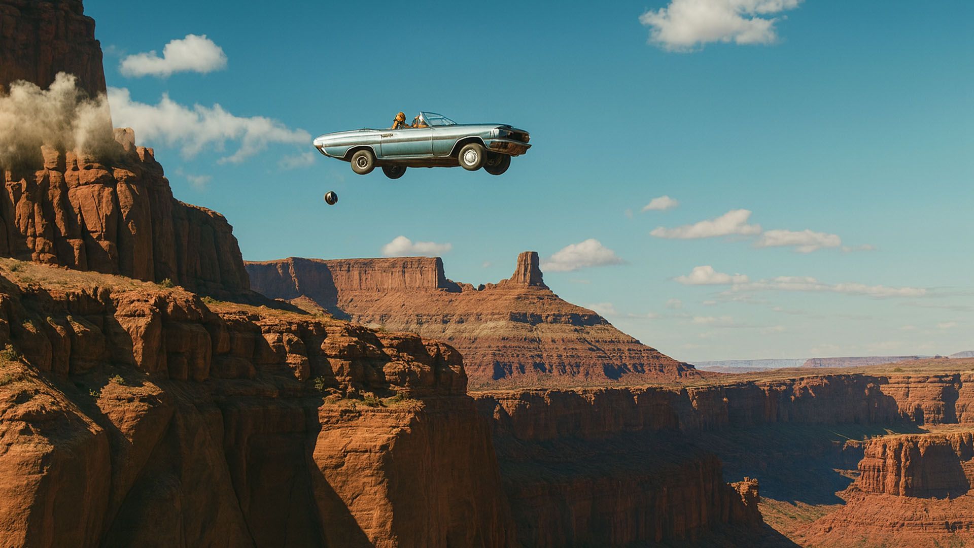 A blue convertible drives off a cliff in moab depicting a scene from the movie Thelma & Louise.