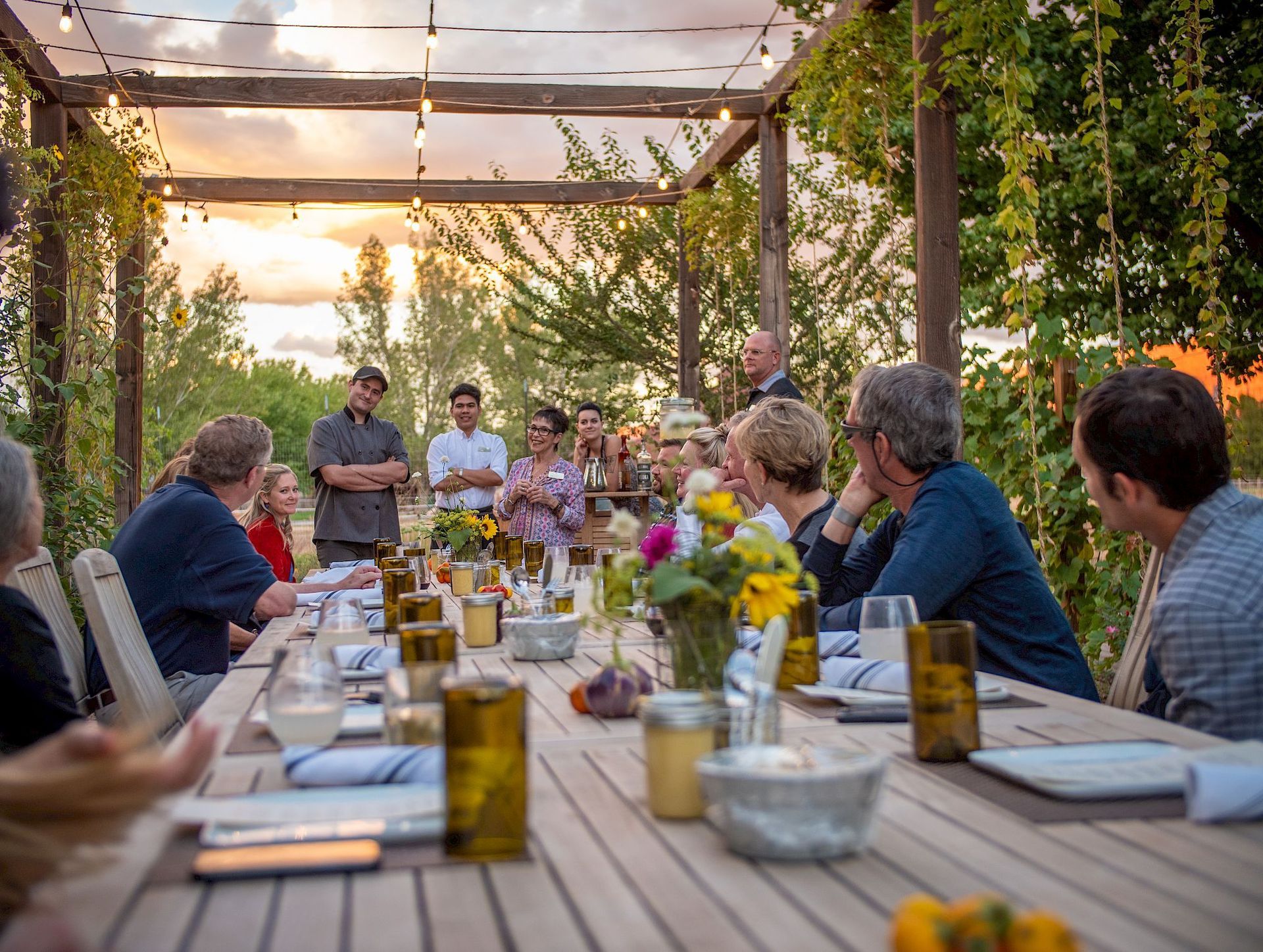 Corporate group enjoying dinner at an outdoor table surrounded by greenery with the glow of the sunset.