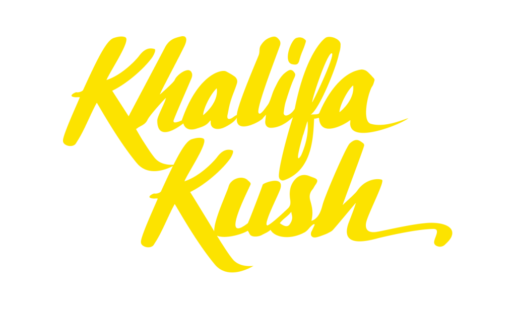 Yellow Khalifa Kush logo with cursive font.