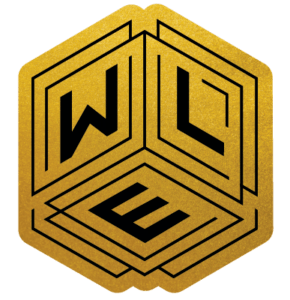 Golden hexagon with black geometric design and letters 