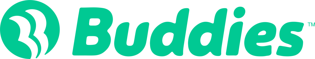 Logo for Buddies with green text and a green circular emblem.
